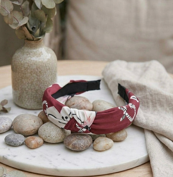 Fabric Knotted Headband - Burgandy White Flowers
