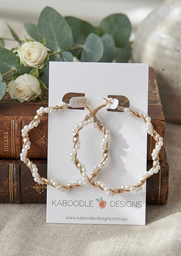 Faux Pearl Twisted Circle Hoop Earrings