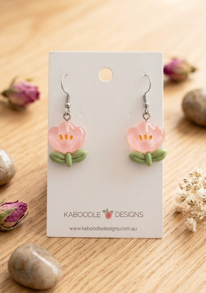Tulip Flower Drop Dangle Earrings - Pink