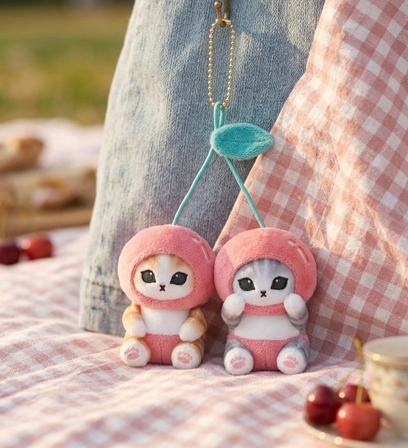 Mofusand Cat Cherry Plush Keychain Keyring