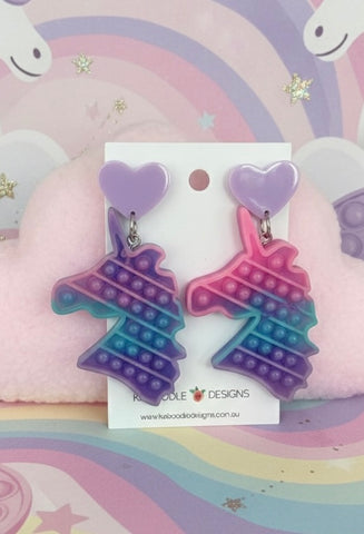 Rainbow Push Pop Style Unicorn Dangle Drop Earrings