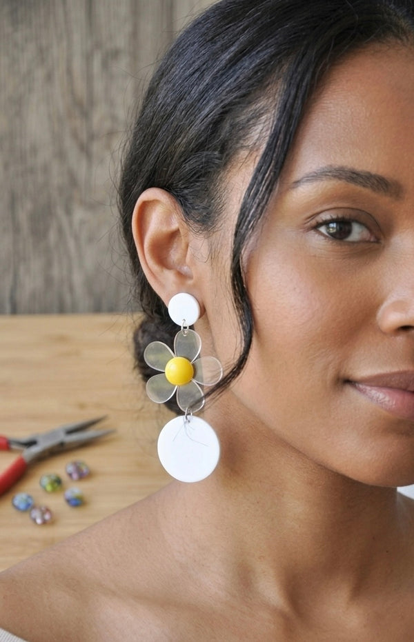 Acrylic Perspex Daisy Flower Dangle Drop Earrings