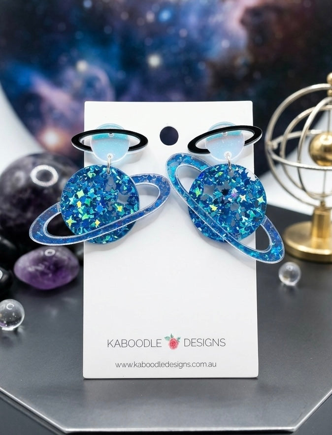 Glitter Saturn Universe Galaxy Planet Teachers Drop Earrings - Blue