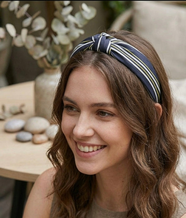 Fabric Knotted Headband - Navy Blue Stripes