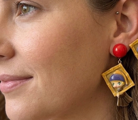 Novelty Van Gogh Inspired Girl With A Pearl Painting Picture Frame Dangle Earrings