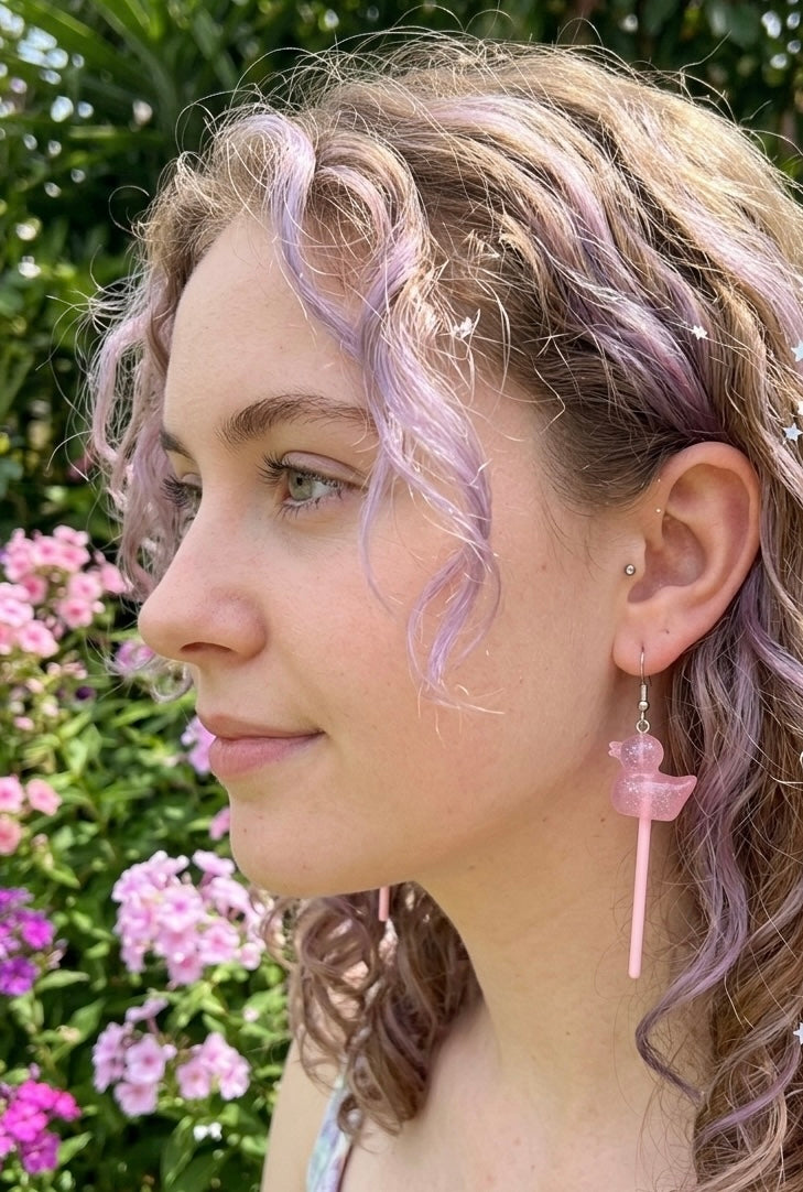 Duck Lollipop Candy Novelty Fun Drop Dangle Earrings - Pink