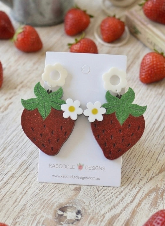 Acrylic Strawberry with Flower Drop Dangle Earrings