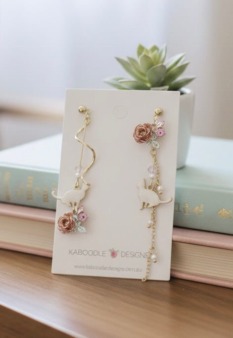 Novelty Cat Rose Flower Drop Dangle Earrings