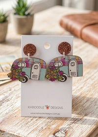 Wood campervan drop earrings with glitter stud, plaid roof and floral detail on card backing