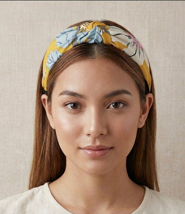 Fabric Knotted Headband - Mustard Yellow with Flowers and Leaves