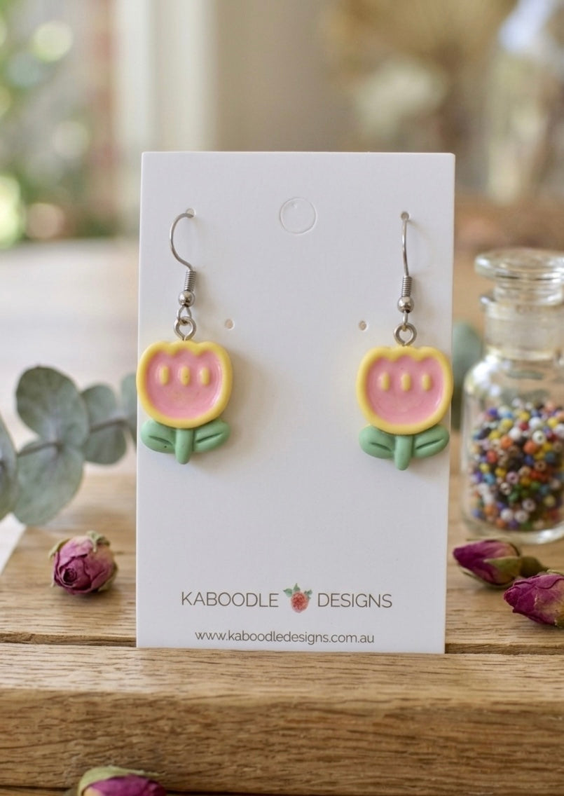 Tulip Flower Drop Dangle Earrings - Pink and Yellow