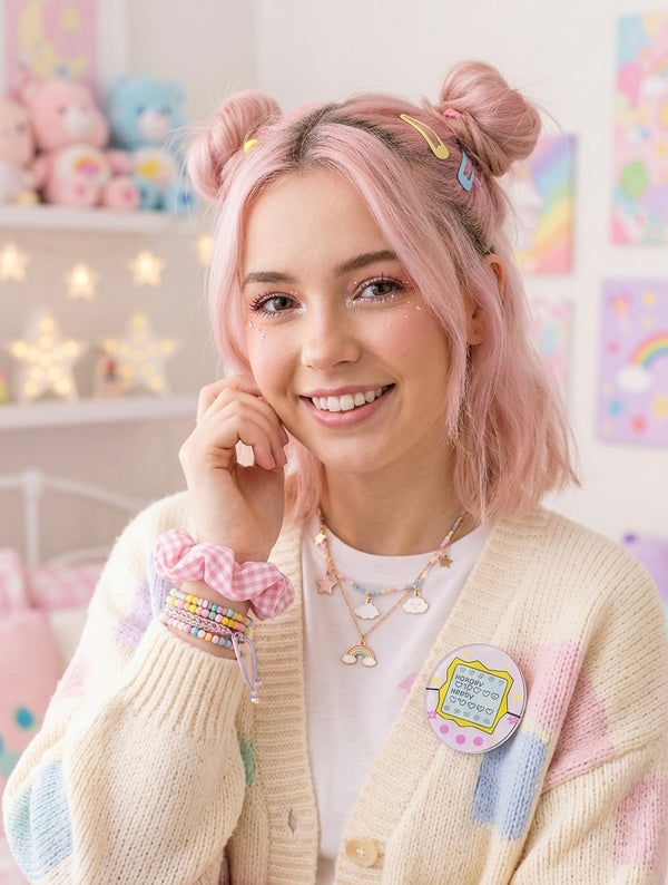 Model wearing pastel Tamagotchi pin brooch on cream cardigan lapel