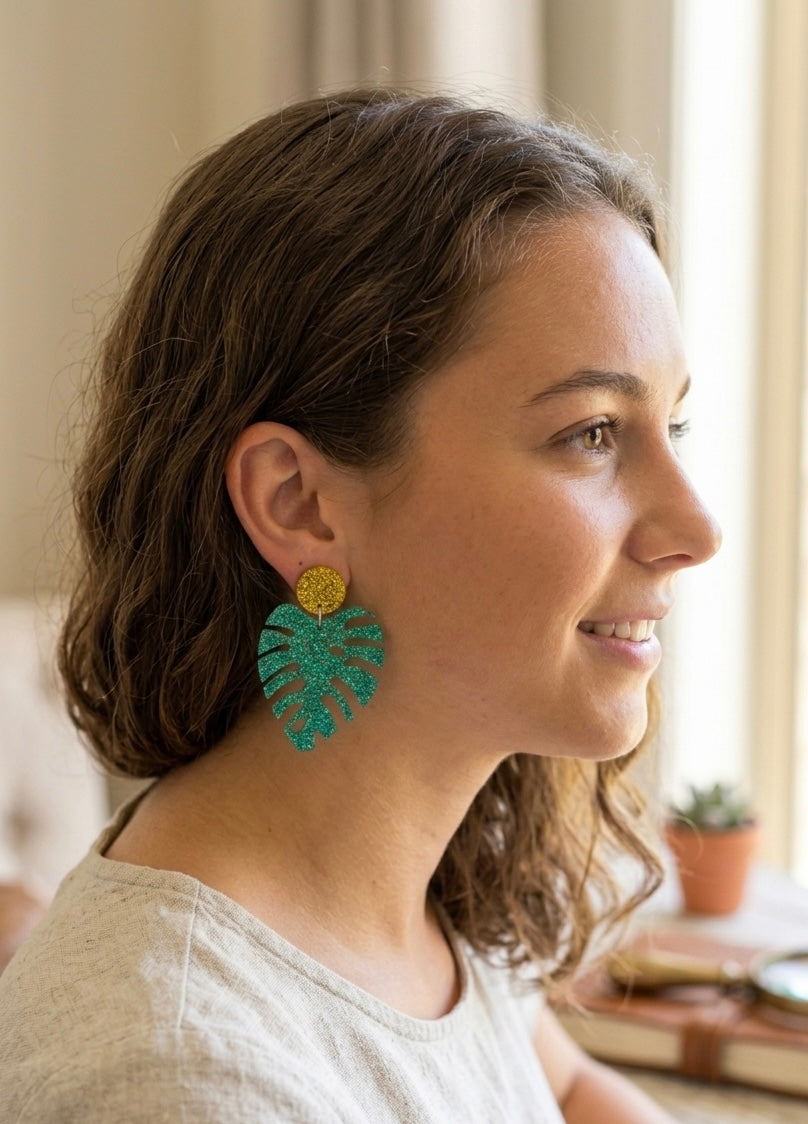 Acrylic Perspex Laser Cut Monstera Glitter Leaf Drop Earrings