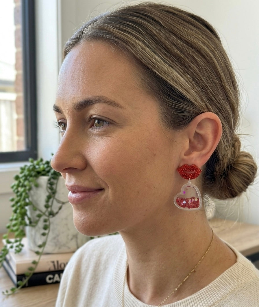 Red Lip Glitter Heart Drop Dangle Earrings