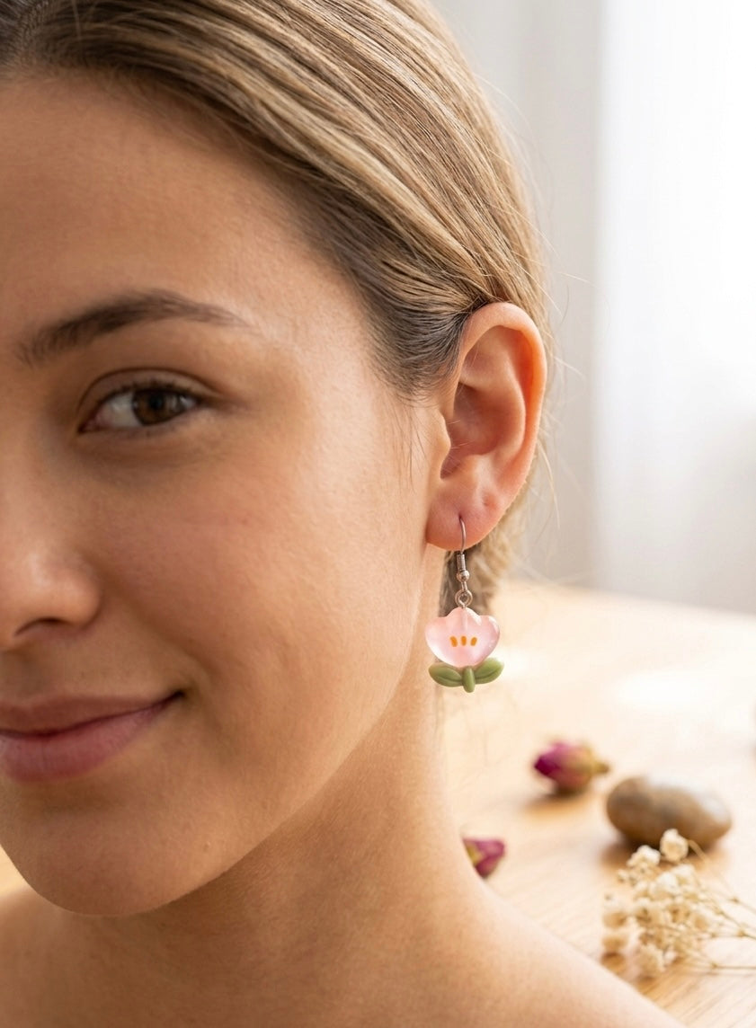 Tulip Flower Drop Dangle Earrings - Pink
