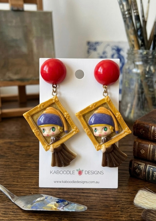 Novelty Van Gogh Inspired Girl With A Pearl Painting Picture Frame Dangle Earrings