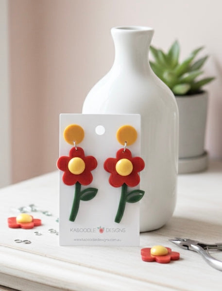 Acrylic Flower Meadow Red Drop Dangle Earrings