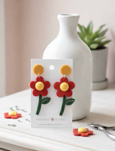 Acrylic Flower Meadow Red Drop Dangle Earrings