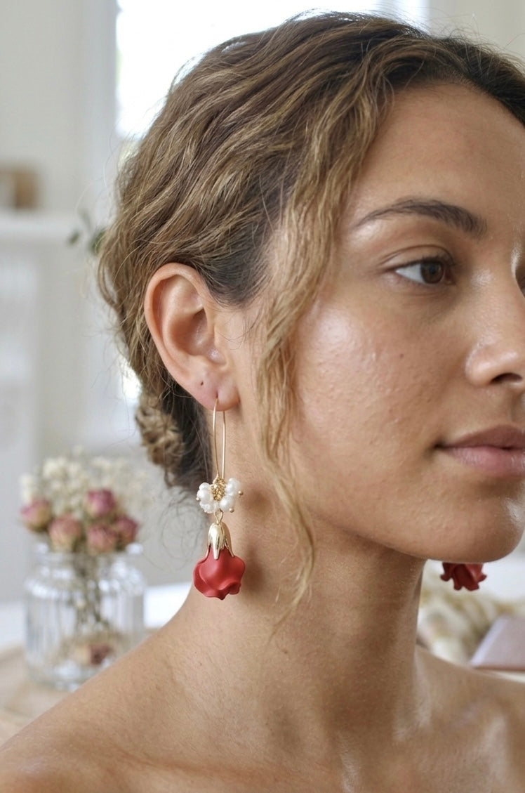 Red Rose Flower Love Faux Pearl Drop Dangle Earrings