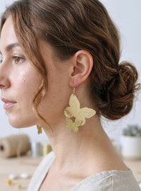 Close-up side view of gold butterfly earring worn on ear, showing glitter and mirror finish