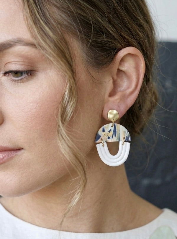 Clay Geometric Shapes and Patterns Rainbow Gold Foil Drop Dangle Earrings