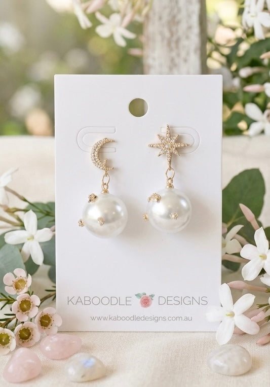 Celestial Star Planet Moon Faux Pearl Gold Rhinestone Diamonte Drop Dangle Earrings