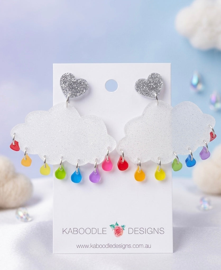 Acrylic Perspex Rainbow Rain Cloud Dangle Earrings