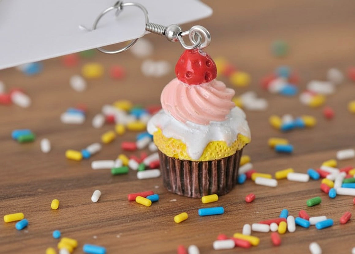 Strawberry Vanilla Cupcake Dessert Novelty Fun Drop Dangle Earrings