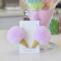 Purple pom pom ice cream drop earrings with waffle cone charm on Kaboodle Designs card