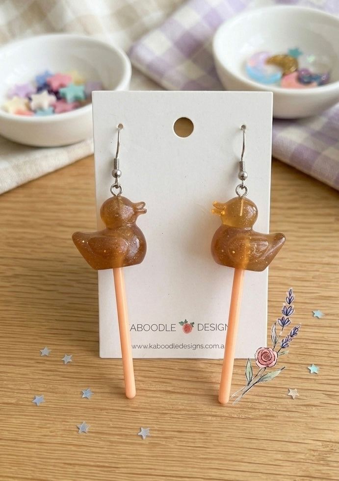 Duck Lollipop Candy Novelty Fun Drop Dangle Earrings - Cola