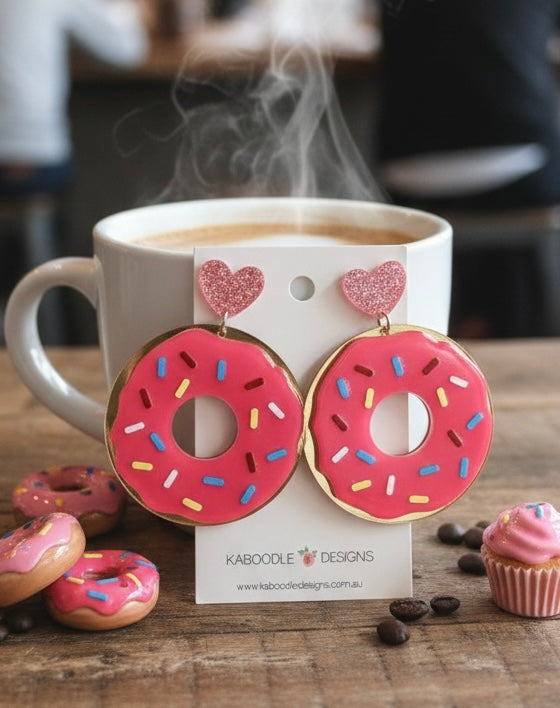 Acrylic Perspex Pearl Like Donut Doughnut Pink Sprinkles Drop Dangle Earrings (Copy)