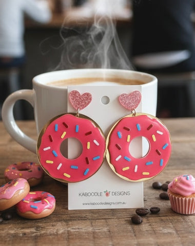 Acrylic Perspex Pearl Like Donut Doughnut Pink Sprinkles Drop Dangle Earrings (Copy)