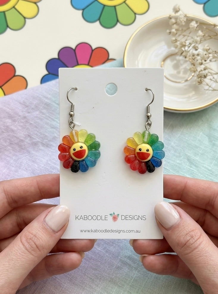 Rainbow flower Happy Face Sunflower Drop Dangle Earrings