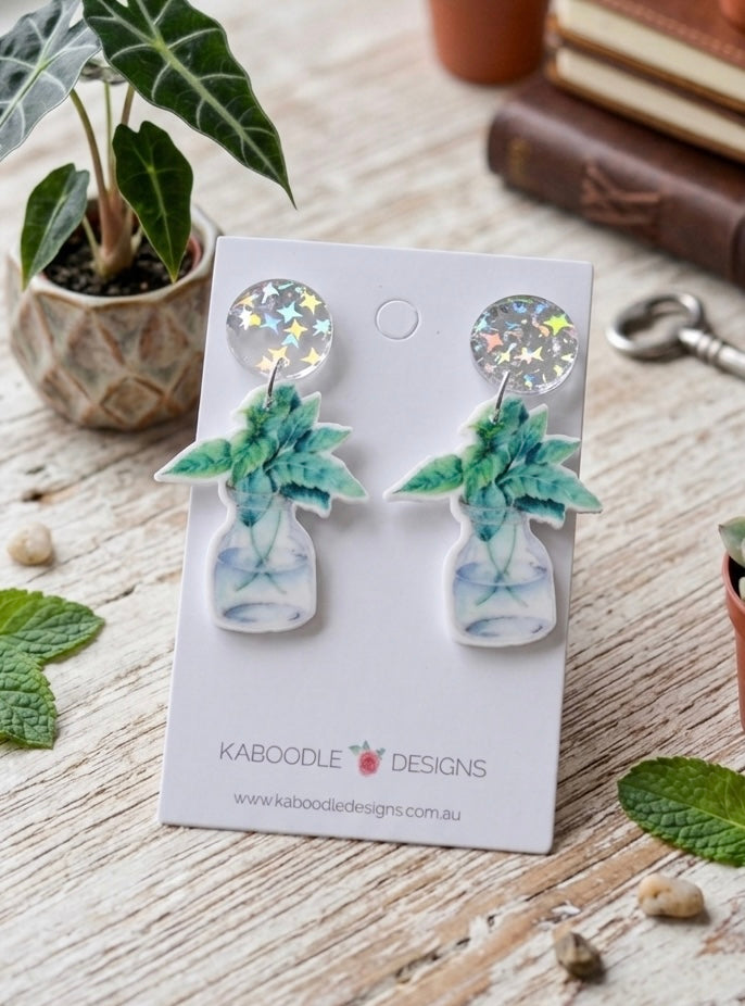 Acrylic Plant in a Glass Jar Drop Dangle Earrings