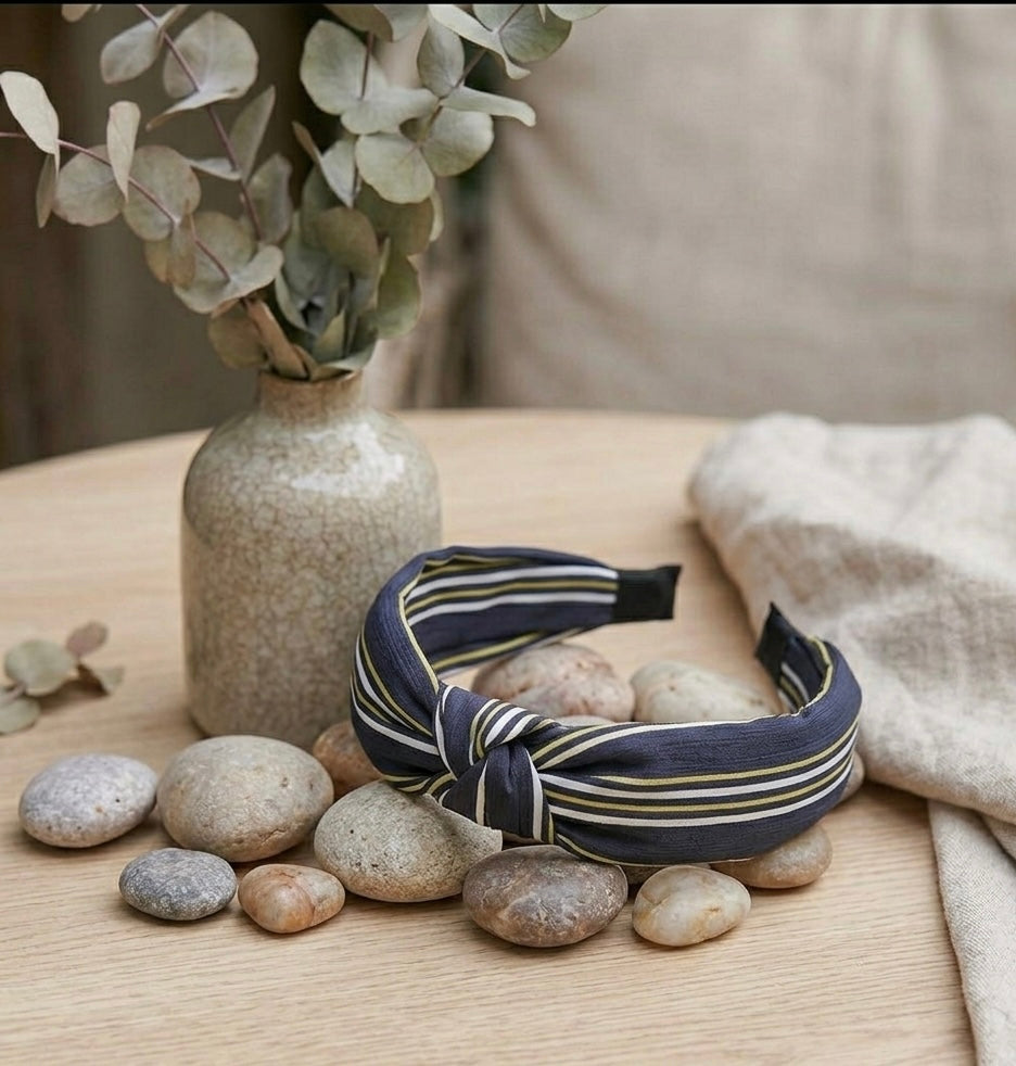 Fabric Knotted Headband - Navy Blue Stripes