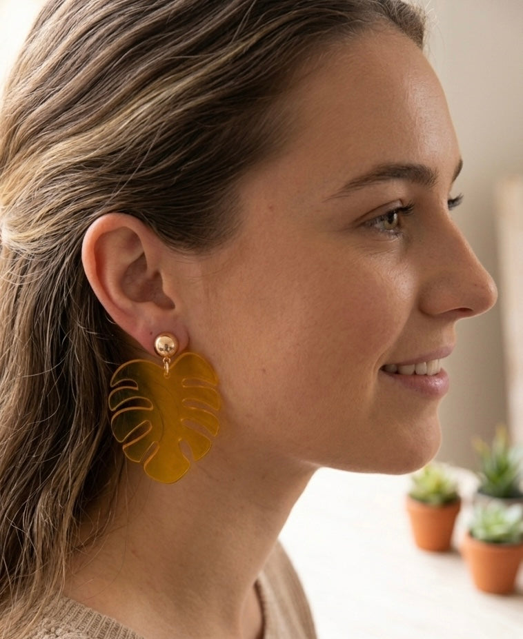 Acrylic Perspex Resin Monstera Leaf Dangle Earrings - Transparent Yellow