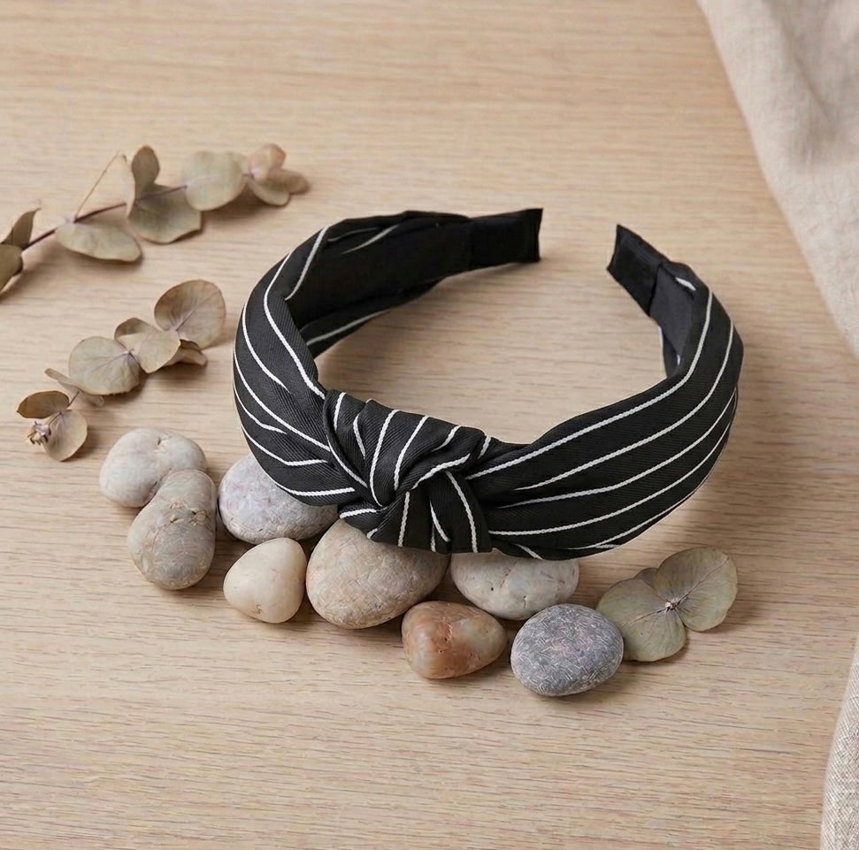 Fabric Knotted Headband - Black and White Stripes