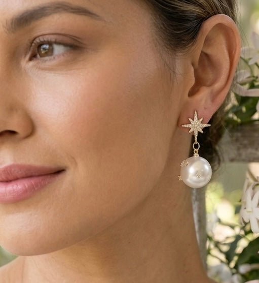 Celestial Star Planet Moon Faux Pearl Gold Rhinestone Diamonte Drop Dangle Earrings