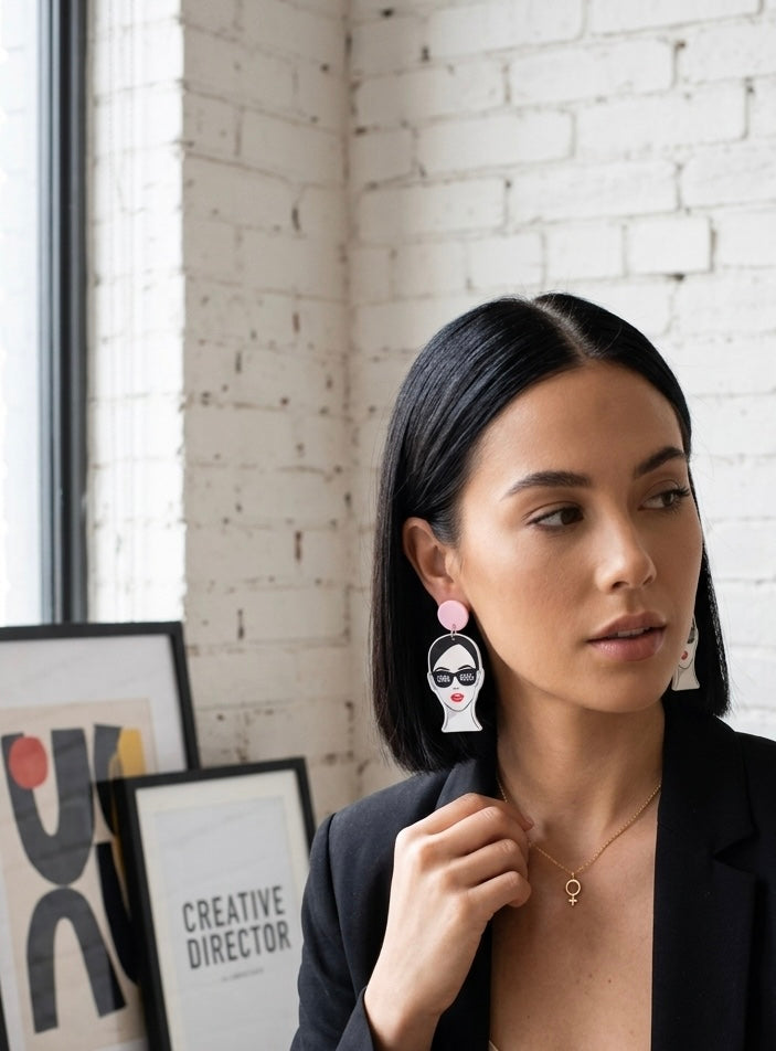 Acrylic Perspex Boss Girl Lady Face Statement Dangle Earrings