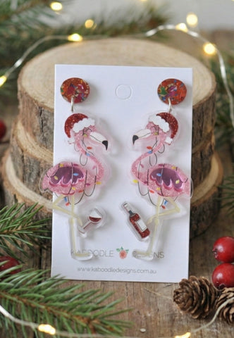 Acrylic Christmas Merry Christmas Xmas Flamingo Wine Drop Dangle Earrings