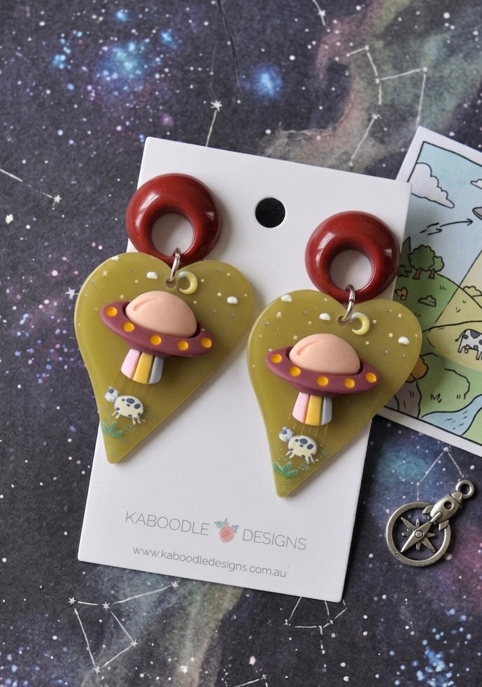 Acrylic Alien UFO Abduction Cow Drop Dangle Earrings