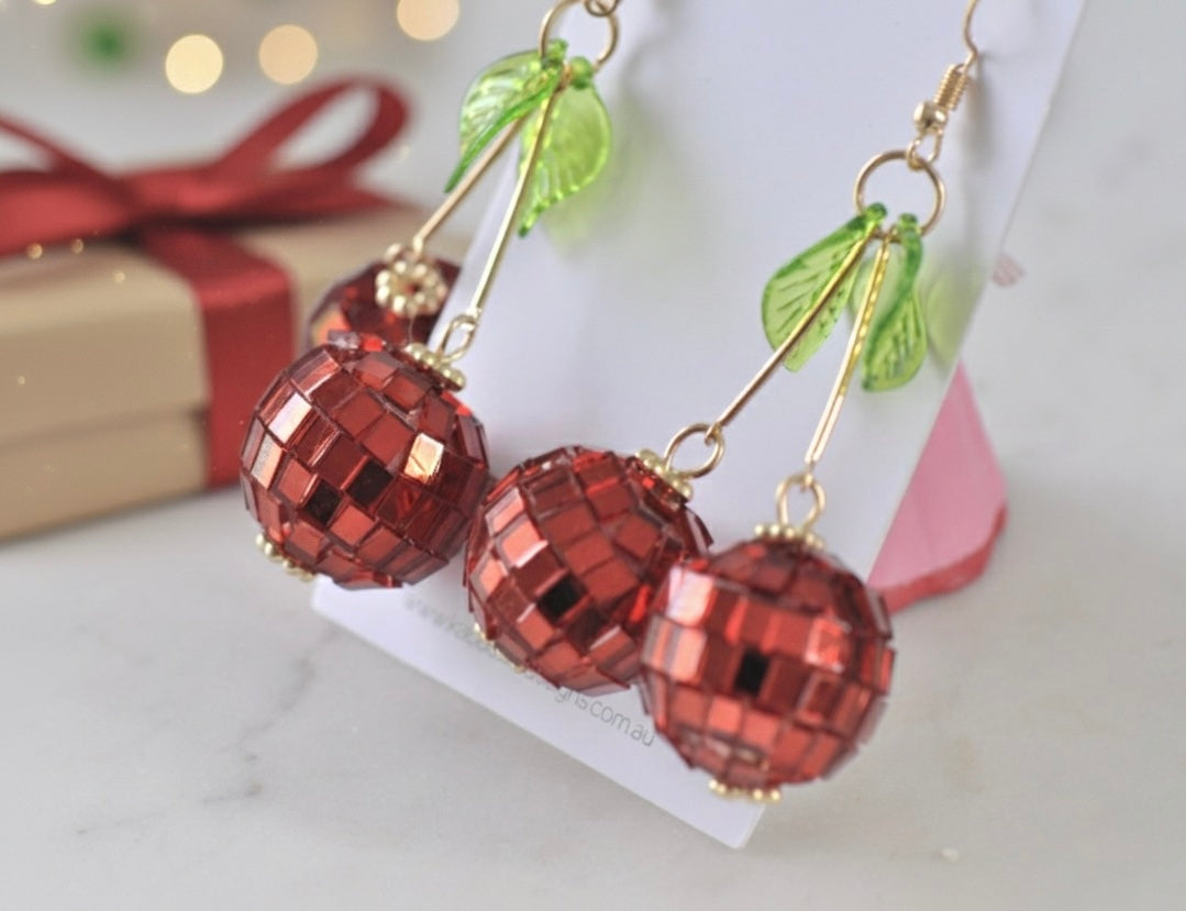 Disco Ball Christmas Cherry Bling Drop Earring
