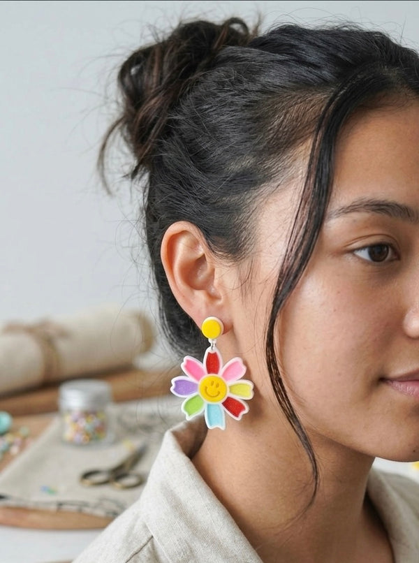 Acrylic You Are My Sunshine Happy flower Dangle Drop Earrings  Rainbow