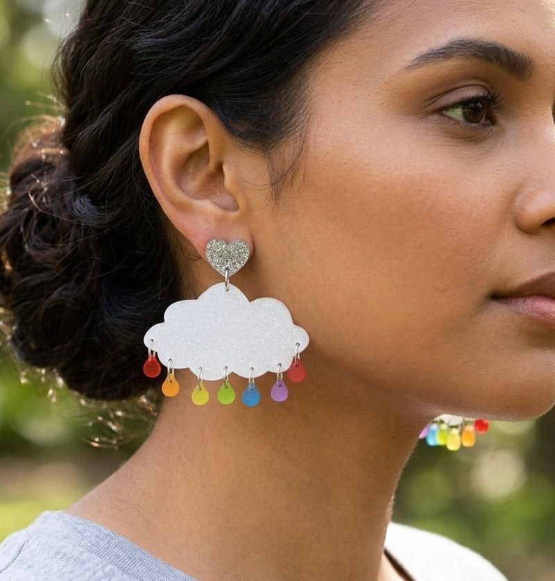 Acrylic Perspex Rainbow Rain Cloud Dangle Earrings