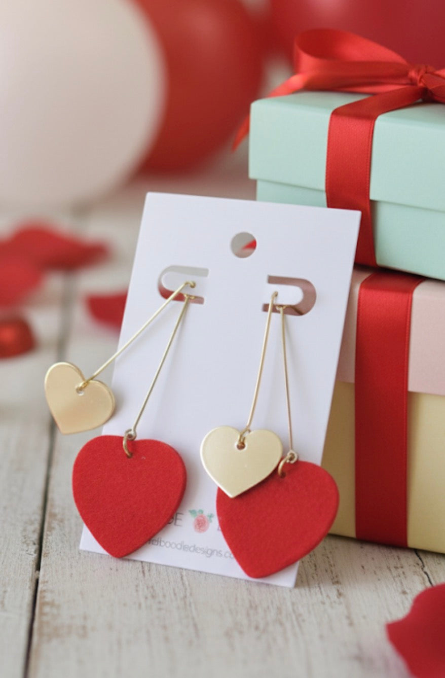 Red and Gold Hearts Dangle Drop Earrings