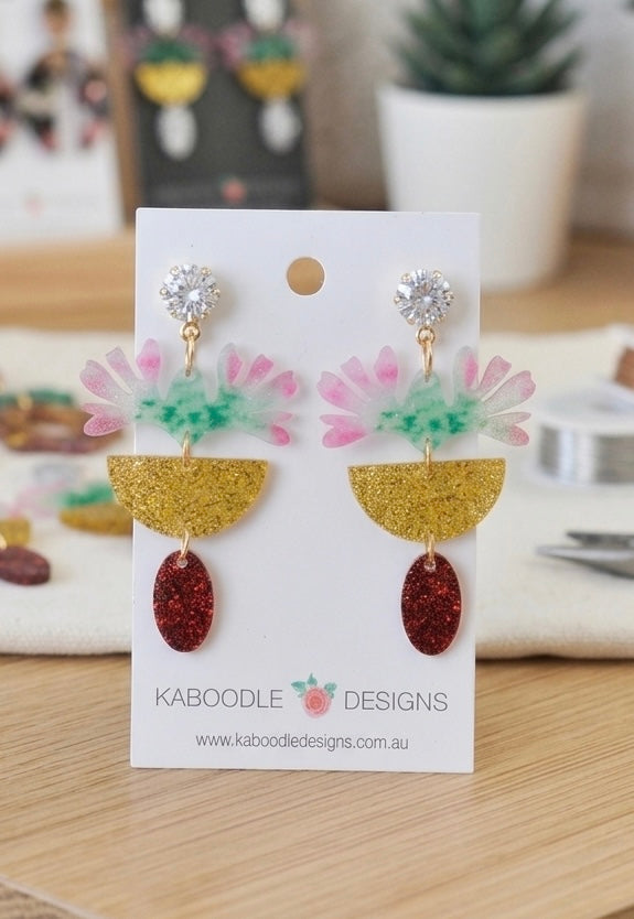 Botanical Oasis Glitter Rainbow Print Flower Drop Dangle Earrings
