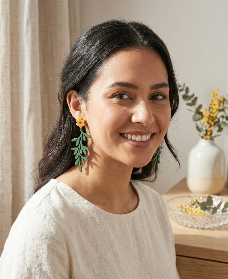 Golden Wattle Flower Leaves Drop Dangle Earrings