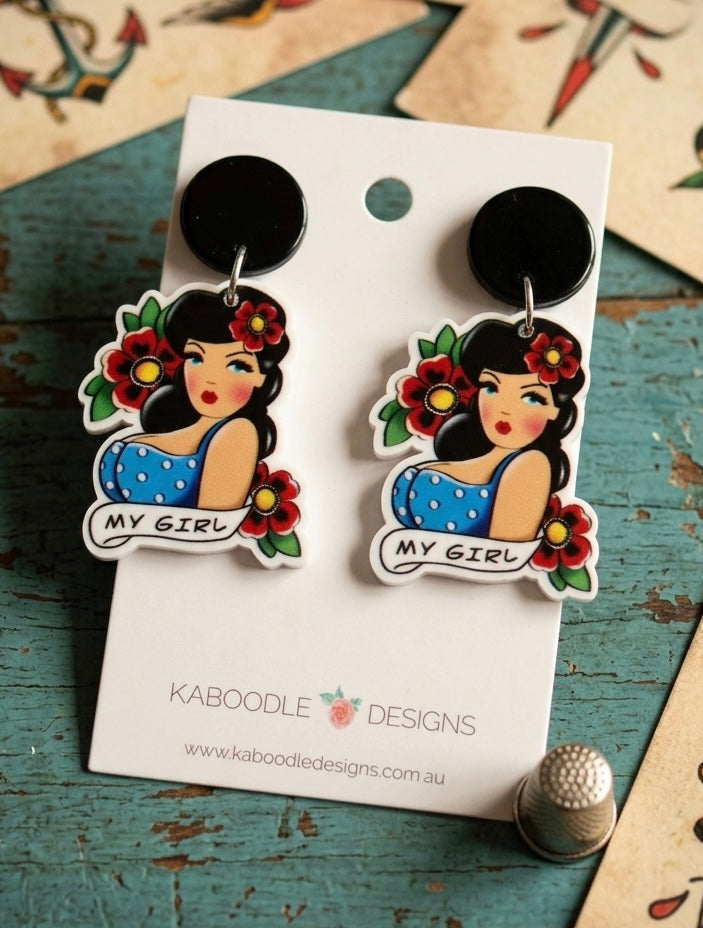 Vintage Retro Pin Up My Girl Tattoo Novelty Dangle Drop Earrings