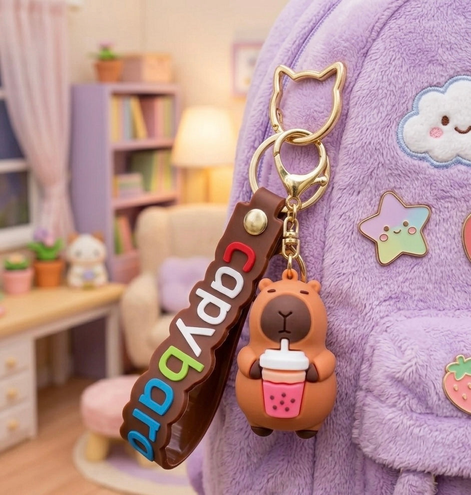 Capybara Boba Bubble Milk Tea Keychain Keyring