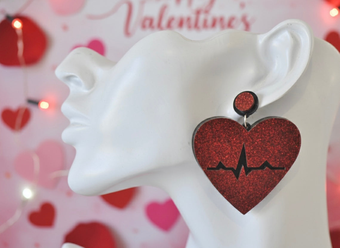 Acrylic Glitter Heart Beat Rate Drop Dangle Earrings